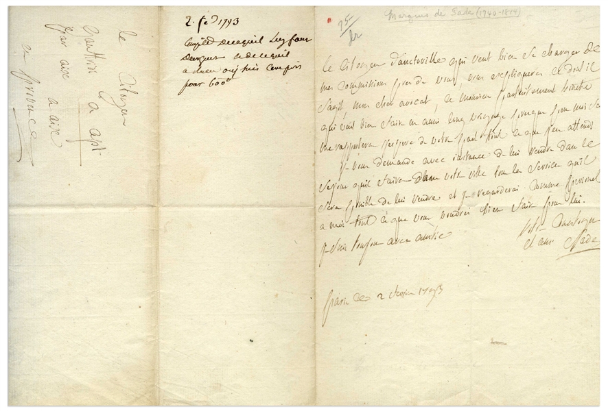 Marquis de Sade Autograph Letter Signed From 1793 -- Sade Recommends an Individual During France's Reign of Terror